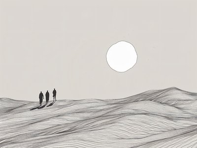 Minimalist Sketch, Men Walking in a Desert Sun Procession by F. Abderrahim