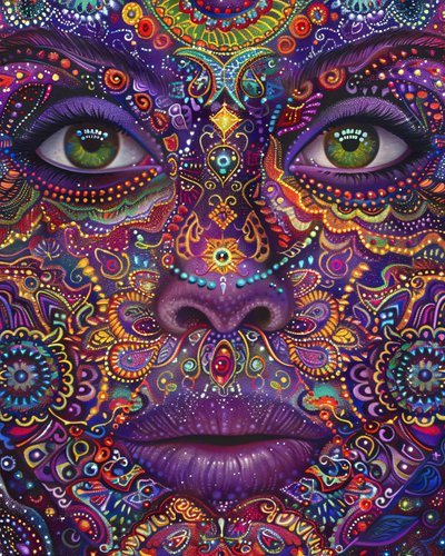 Psychedelic Woman with Colorful Face, Spiritual & Mandala Patterns by F. Abderrahim