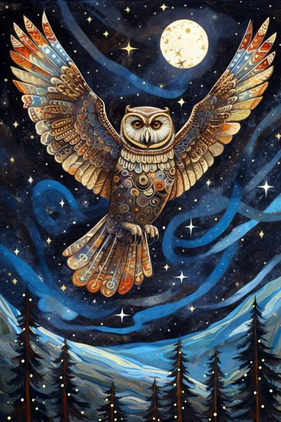 The Owl Soaring Through the Starry Night Sky by F. Abderrahim