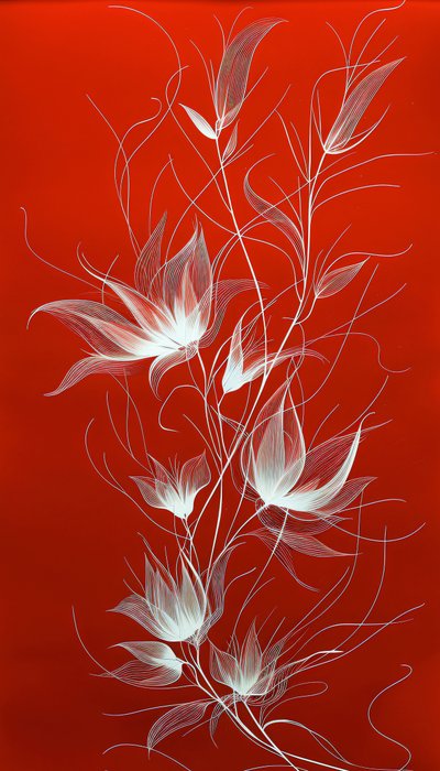 White Line Art of Plants and Flowers on a Vibrant Red Background by F. Abderrahim
