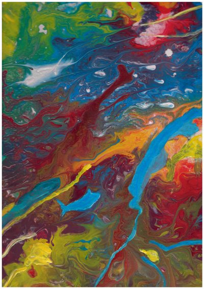 Abstract Acrylic Pour in Red, Blue, Yellow by Albert Mansour