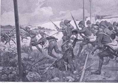 Charge of the Scots Fusiliers at Frederikstad (illustration from After Pretoria: The Guerilla War, 1902) by A. C. Ball