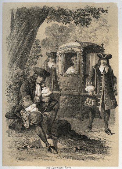 Marie Anne Mancini (1649-1714) Duchess of Bouillon going one morning to Versailles saw Jean de la Fontaine rising under a tree; in the evening she found him in the same place. Engraving by A. Duruy in Illustrations litteraires de la France by A. Duruy