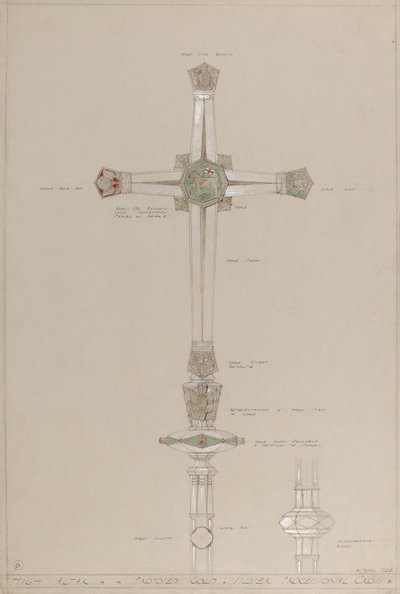 High Altar: proposed gold and silver processional cross, actual size by A. Edward Jones and Co.