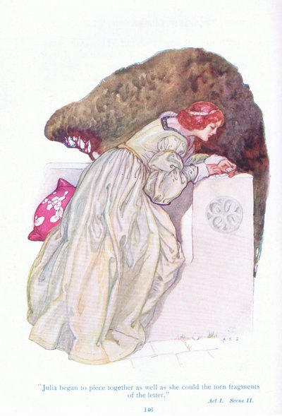 Julia began to piece together as well as she could the torn fragments of the letter (Two Gentlemen of Verona), from Tales from Shakespeare pub. by Ward Lock & Co Ltd by A. Jackson