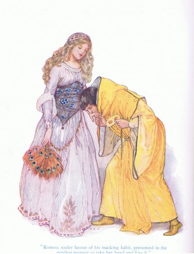 Romeo under favour of his masking habit, presumed in the gentlest manner to take her hand and kiss it (Romeo and Juliet), from Tales from Shakespeare published by Ward Lock & Co Ltd by A. Jackson