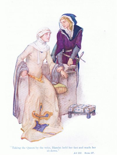 Taking the Queen by the Wrist, Hamlet Held Her Fast and Made Her Sit Down (Hamlet), from Tales from Shakespeare by A. Jackson