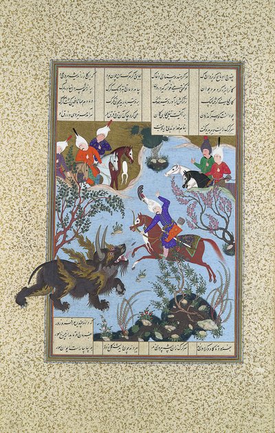 Bahram Gur Slays the Rhino-Wolf, Folio 586r from the Shahnama (Book of Kings), ca. 1530-35 by 