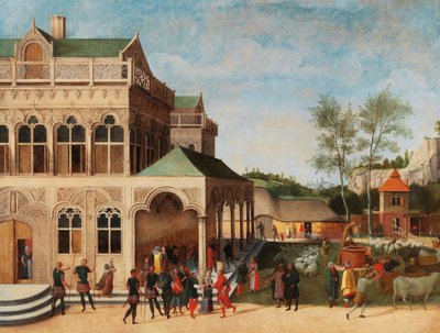 An Elegant Loggia with the Proposal of Isaac to Rebecca by Abel Grimmer