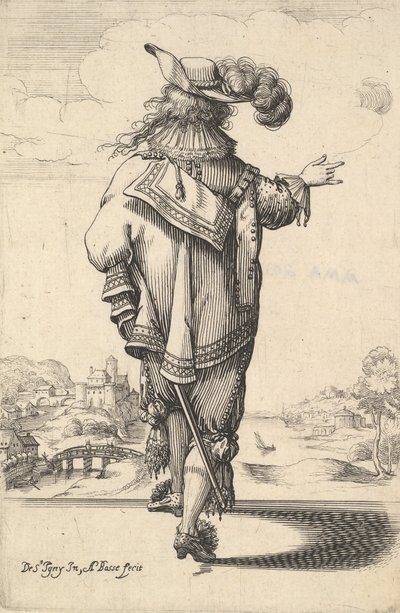 A gentleman wearing a plumed hat and carrying a sword, seen from behind, his right arm out by Abraham Bosse