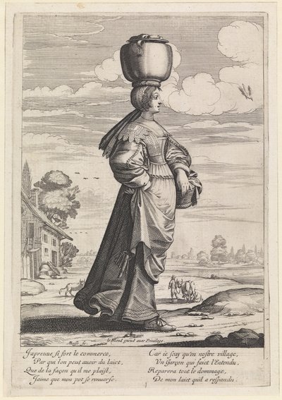 Woman Walking to the Right in a Landscape, Carrying a Pot on Her Head by Abraham Bosse