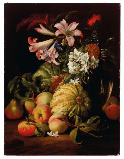 Lilies and Other Flowers in a Glass Vase with Peaches and Melons by Abraham Brueghel