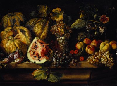 Still Life of Watermelon, Grapes, Plums, Peaches, Cherries and other Fruit on a Ledge by Abraham Brueghel