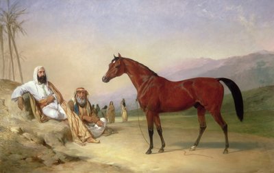 Two Bedouin with a Bay Arab Stallion in the Desert by Abraham Cooper