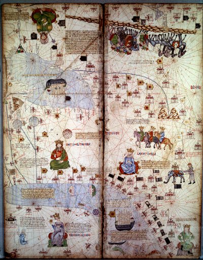 Mapping: Map of Cathay, ancient name of Mongolian China in Central Asia and Europe. There are: Delhi, with the Aral Sea, the Volga River, the Caspian Sea, the Caucasus, Euphrates, the Arabian Peninsula and the cities of Dehli by Abraham Cresques