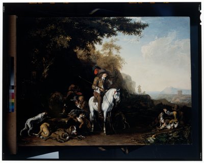 An Extensive Landscape with a Hunting Party Resting by a Water Trough and a Sportsman Shooting by Abraham Danielsz. Hondius