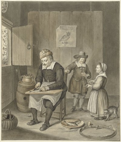 Interior with Man Cleaning Fish and Two Children by Abraham Delfos