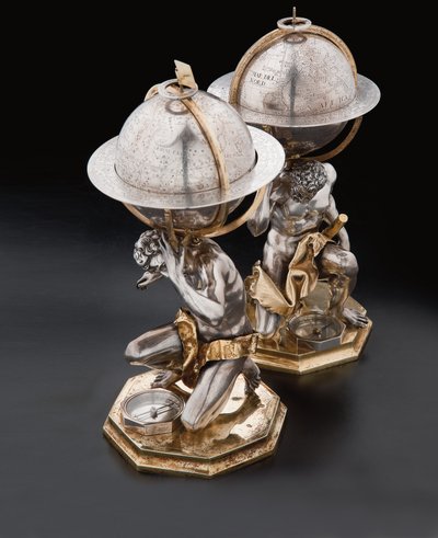 Two exceptional terrestrial and celestial globes, supported by Hercules and Atlas, Augsburg by Abraham Drentwett
