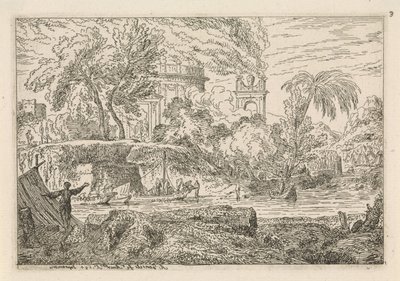 Arcadian Landscape with Triumphal Arch by Abraham Genoels