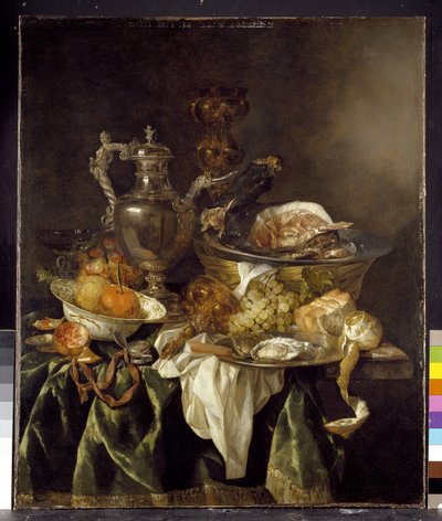 Still Life with a Silver Wine Jar with a Reflected Portrait of the Artist by Abraham Hendricksz van Beyeren