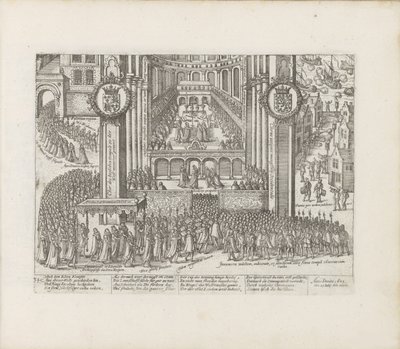 View of the exterior of Westminster Abbey during the coronation of James I by Abraham Hogenberg