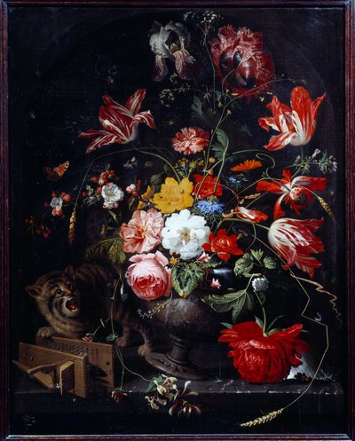 Cat Knocking Down a Flower Vase by Abraham Mignon