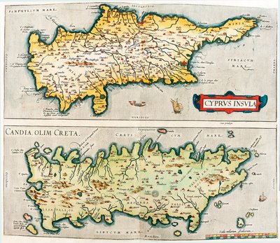 Cyprus Insula - Candia, olim Creta Geography map of the Mediterranean islands of Cyprus and Crete in Greece from 