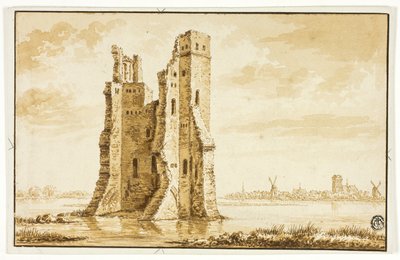 Ruins of the Merwede Manor Seen from the Front with Dordrecht in the Background by Abraham Rademaker