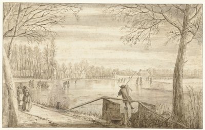 Skaters on the River Vecht, near Maarssen, with the Estates of Daelwijck and Vechthoven in the Distance by Abraham Rutgers