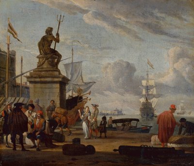 A Capriccio Mediterranean Harbour with Elegant Figures and Merchants by Abraham Storck