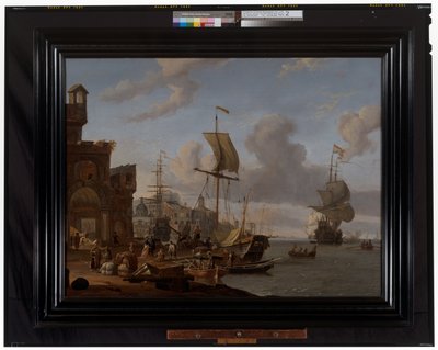 A Capriccio Mediterranean Harbour Scene with Merchants and Other Figures on the Quay Side by Abraham Storck