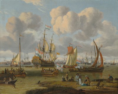 Shipping off Amsterdam with Figures on a Quay by Abraham Storck
