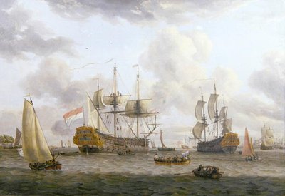 Dutch Shipping Scene in a Wide Estuary by Abraham Storck