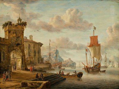 Harbour scene with ancient ruins by Abraham Storck