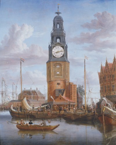 View of the Haringspacker Tower in Amsterdam, with a Working Clock-Face Set into the Painting, 1684 by Abraham Storck