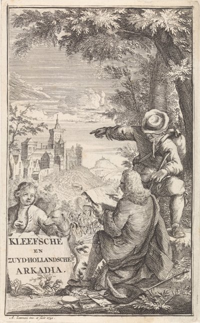 Traveler Drawing the City of Kleve (Title Page for: C. Bruin, Kleefsche en Zuid-Hollandsche Arkadia, 1730) by Abraham Zeeman