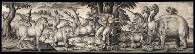 Orpheus Sitting on a Stone Holding a String Instrument and Charming the Animals with Music. Engraving by A. de Bruyn. by Abraham de Bruyn