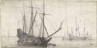 Sailing Ships on Calm Water by the Coast by Abraham de Verwer (possibly)
