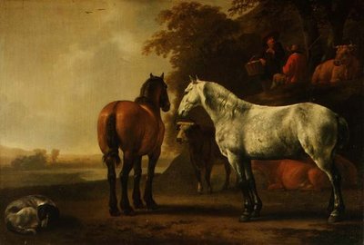 Horses and Cattle in a Landscape by Abraham van Calraet