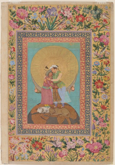 Allegorical representation of Emperor Jahangir and Shah Abbas of Persia, illustration from the St. Petersburg Album by Abul Hasan