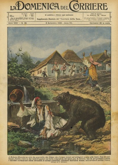 In Bokain (Bosnia), a Bear Attacked Two Women Who Had Gone to Fetch Water from the Spring by Achille Beltrame