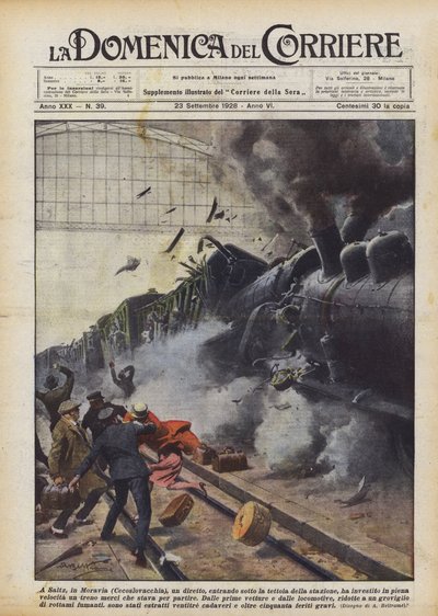 In Saitz, Moravia (Czechoslovakia), a train, entering under the station canopy... by Achille Beltrame