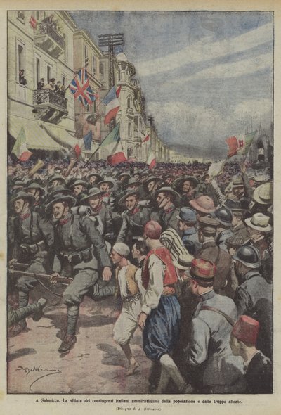 In Salonika, the parade of Italian contingents admired by the population and allied troops by Achille Beltrame