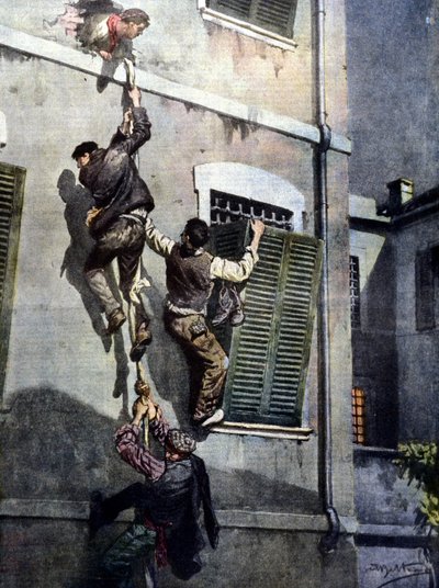 A daring escape of four inmates from Asti prison after breaking through the wall. Drawing by Beltrame by Achille Beltrame
