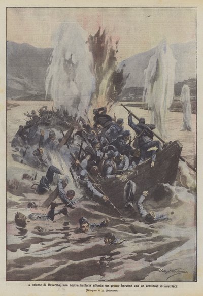 East of Rovereto, our battery sinks a large barge with a hundred Austrians by Achille Beltrame