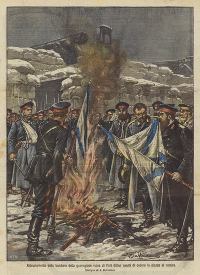 Burning of the flags of the Russian garrison of Port Arthur before surrendering the place to the enemy by Achille Beltrame