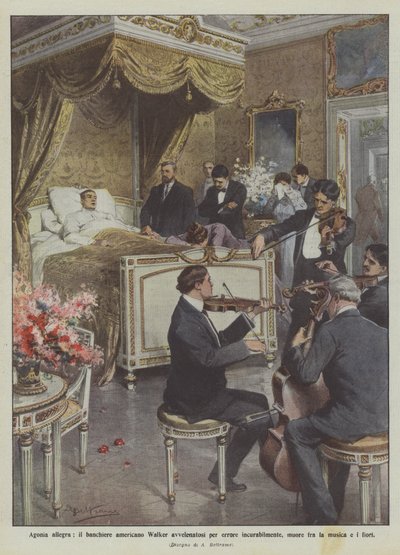 Cheerful agony, American banker Walker, incurably poisoned by mistake, dies among music and flowers by Achille Beltrame