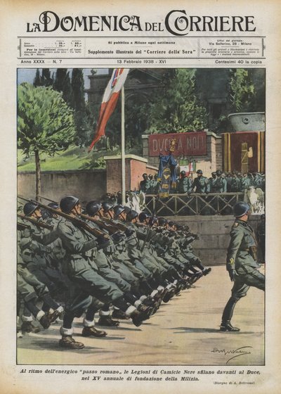 At the Rhythm of the Energetic Roman Step, the Legions of Black Shirts Parade Before the Duce by Achille Beltrame