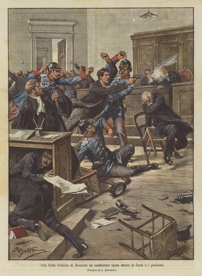 At the Court of Assizes in Bucharest, a Convict Shoots at the Court and the Gendarmes by Achille Beltrame