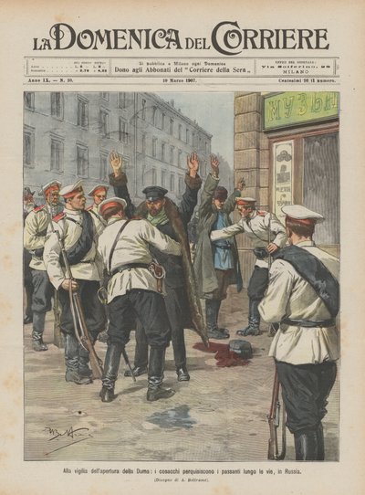 On the Eve of the Opening of the Duma, Cossacks Search Passersby in the Streets, Russia by Achille Beltrame